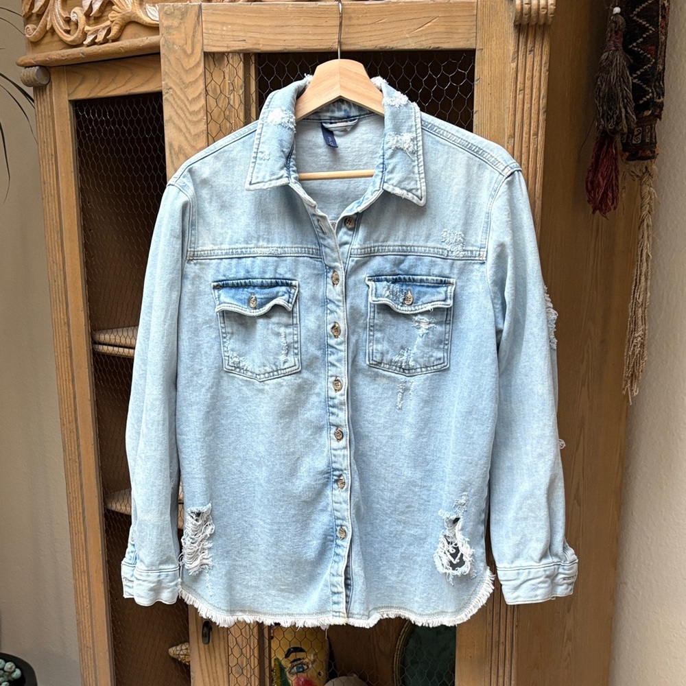 Pilcro Distressed Denim Long Sleeve Button Down Shirt